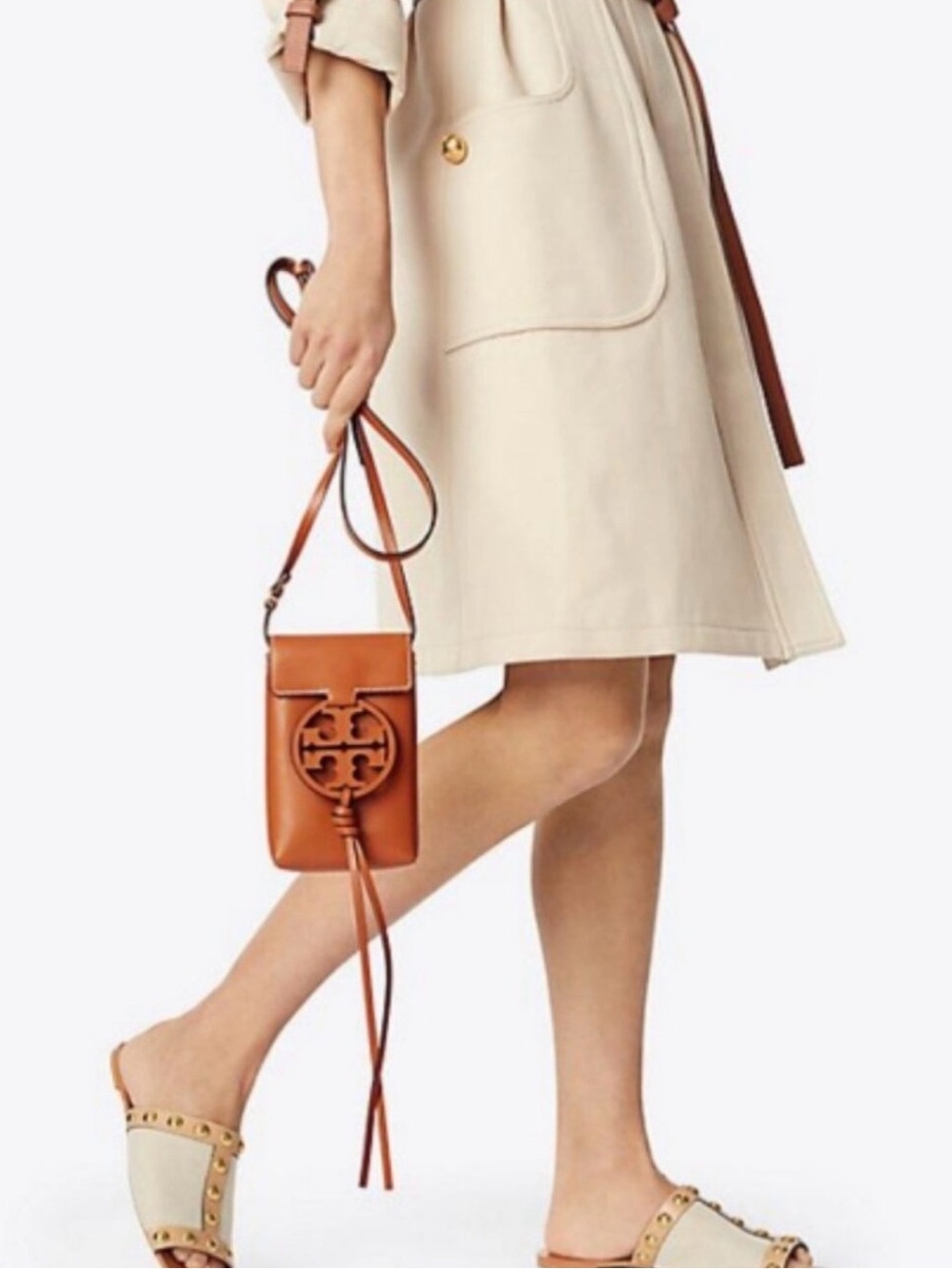 Tory Burch Cognac Leather Miller Phone Crossbody with Logo Medallion